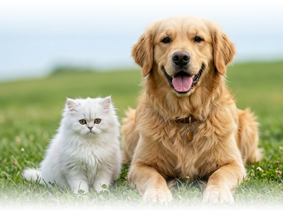 Golden retriever and fluffy white cat on grass
