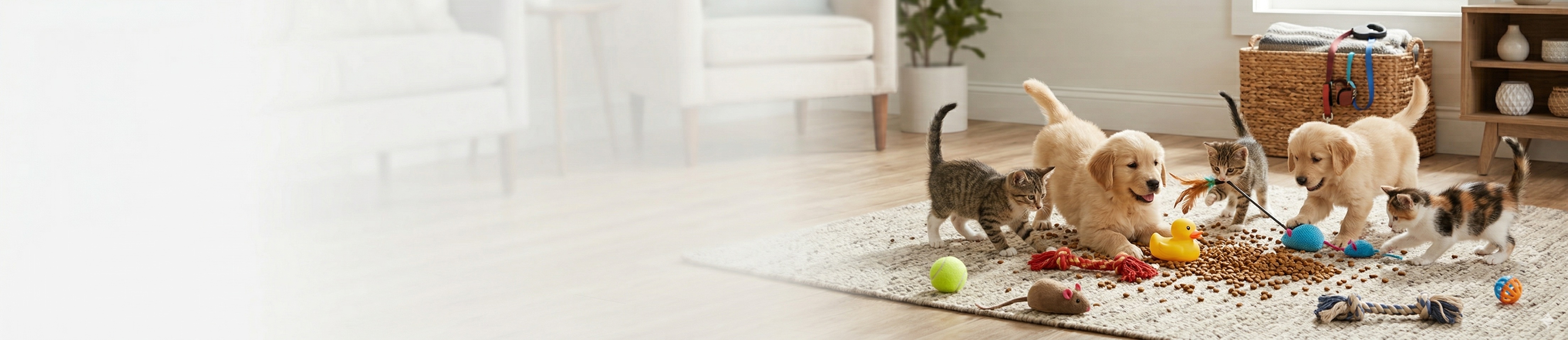 Puppies and kittens playing with pet supplies